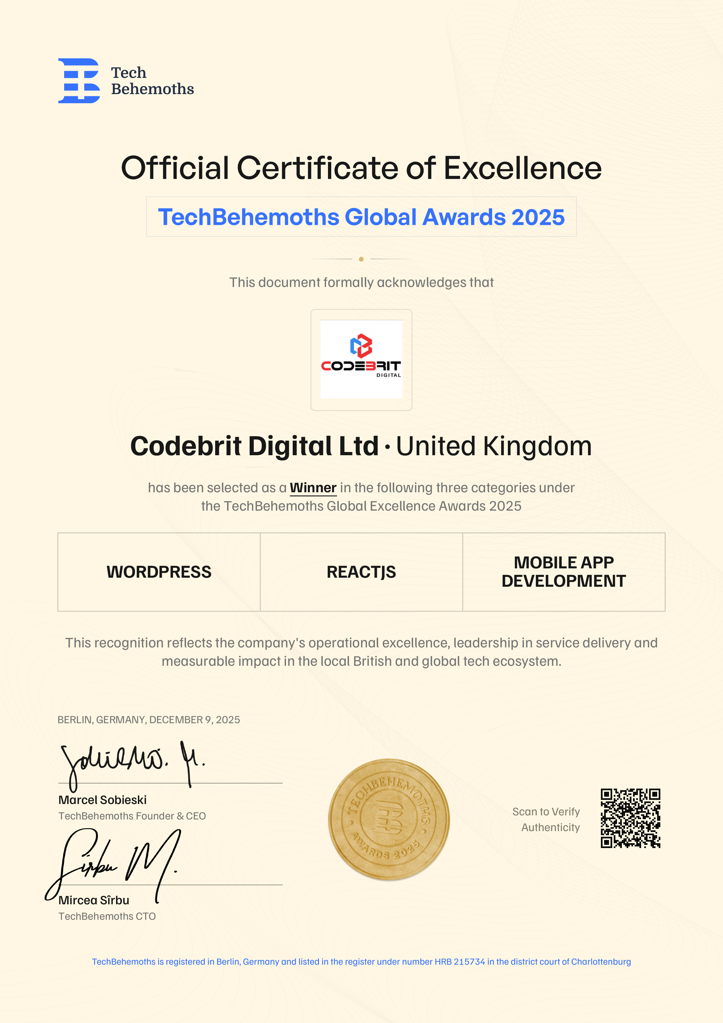 TechBehemoths Global Award 2025 certificate